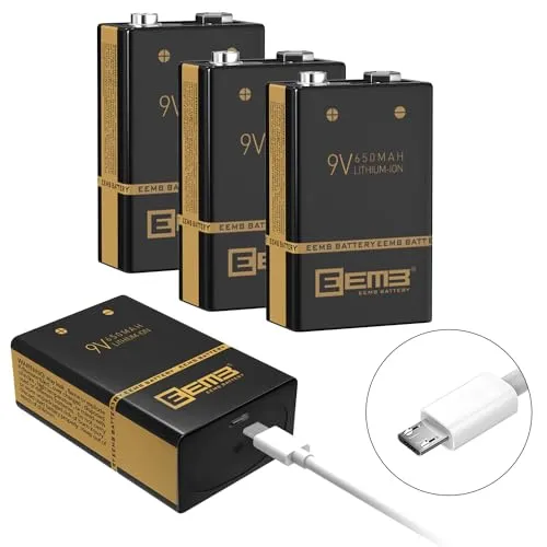 EEMB Wiederaufladbare 9V Block Batterien 650mAh mit USB Ladekabel 4-Pack Lithium Li-Polymer Rauchmelder Batterie für Tastatur Mikrofon Rauchmelder/Detektor Gitarre Kameras Spielzeug(4)