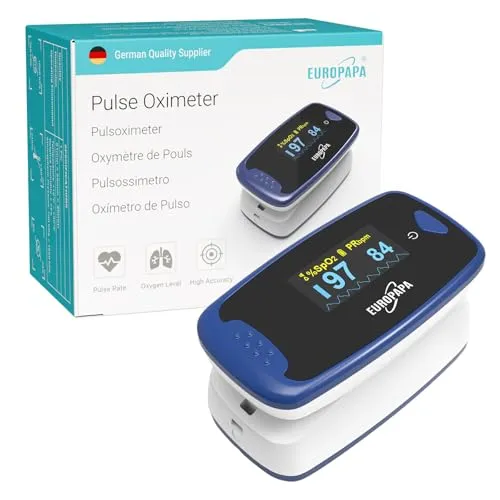 EUROPAPA Pulsoximeter,Fingerpulsoximeter,Oximeter ideal zur schnellen Messung der Sauerstoffsättigung (SpO2)-Einfacher Pulsmesser für Erwachsene–OLED Anzeige (Blau)