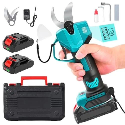 Akku Astschere 21V, Max 30mm Schnittdurchmesser, Elektrische Gartenschere, Elektrisch Garten Schere, 2x2000mAh Batterien, 2 Bewegliche Klingen, Sicherungsschalter