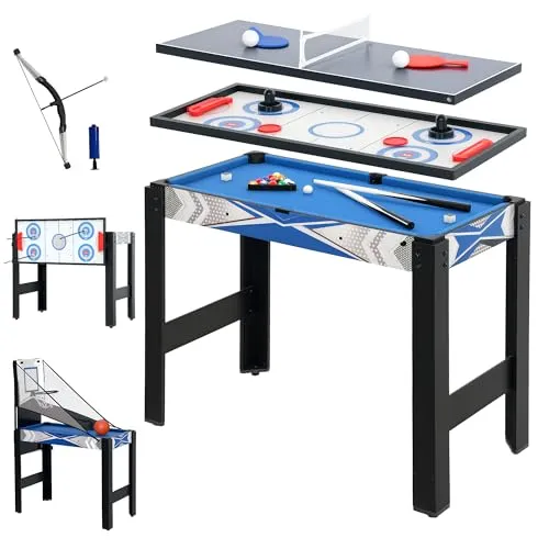 SPORTNOW Multigame Spieltisch 5 in 1 - Tischbillard und vier weitere Spiele in einem: Billard, Tischtennis, Hockey, Basketball und Bogenschießen - ideal für abwechslungsreiche Spielabende mit Familie und Freunden!