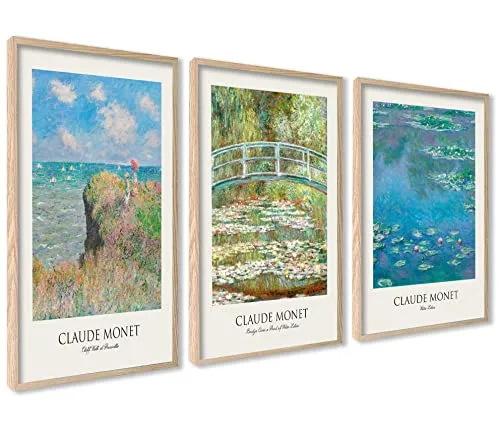 Claude Monet Poster Set | 3 Stück DIN A3 30x40cm mit Rahmen Holz | Botanische Wasserlilien Paintings Wanddeko Wall Art.