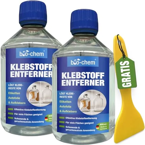bio-chem Klebstoffentferner Etikettenlöser - 2x 500 ML - Allzweckreiniger, entfernt mühelos hartnäckige Klebereste und Etiketten, materialschonend und ideal für Haushalt, Werkstatt und Auto.