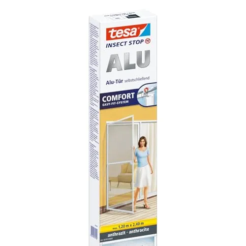 tesa Insect Stop ALU COMFORT Fliegengitter für Türen XL - Fliegengitter für Türen mit Aluminiumrahmen, selbstschließend und zuschneidbar, sorgt für frische Luft ohne Insekten, ideal für Balkon- und Terrassentüren.