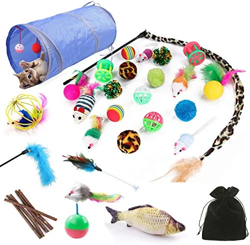 HEPAZ Katzenspielzeug Set mit Katzentunnel, Bälle, Federspielzeug, Plüschspielzeug, Spielzeugmäuse Katzen Spielzeug Variety Pack für Kitty Katzen, Bonus Aufbewahrungstasche, 24 Stück