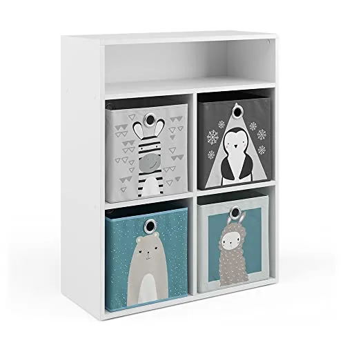 Vicco Bücherregal Weiß mit 4 Faltboxen, 72 x 90.2 cm - Bücherregal für Kinderzimmer, bietet großzügigen Stauraum und ein funktionelles Design. Ideal für Spielzeug und Bücher, sorgt für Ordnung und Gemütlichkeit.