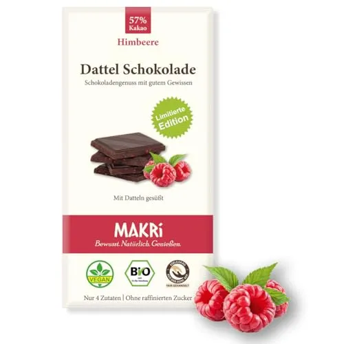 MAKRi® BIO Dattel Schokolade - ohne raffinierten Zucker, Mit Datteln gesüßt, Vegan & Fair gehandelt (1 Tafel, Himbeere 57%)