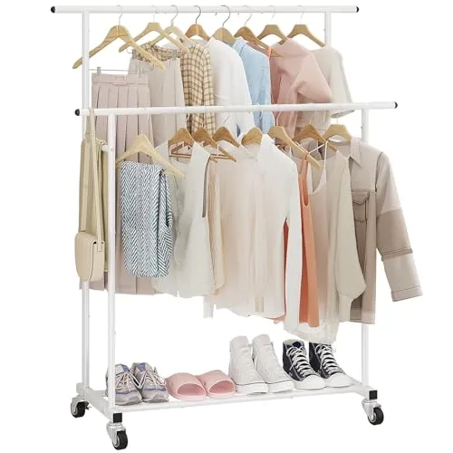 Calmootey Kleiderständer mit Doppelstange, rollbarer Kleiderständer, tragbarer Kleider-Organizer für Schlafzimmer, Wohnzimmer, Bekleidungsgeschäft, Weiß