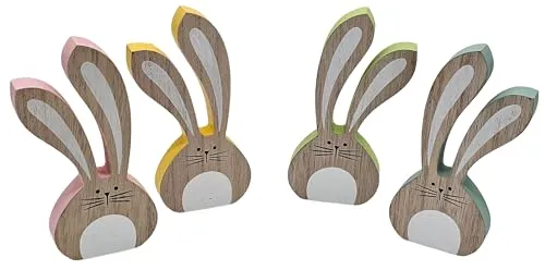Bambelaa! Osterhase Deko Holz 4er Set Ostern Osterdeko Tisch Innen Hasen Pärchen Dekoration Osterhasen Figuren Osterdekoration Tischdeko Frühling Esstisch Osterhäschen 4 Farben (ca. 6,5 x 1,5 x 15 cm)