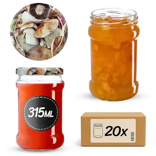 KADAX 20st Einmachgläser 315 ml mit fi66 mm Schraubdeckel für Honig, Dessert, Marmeladen | Luftdichte Gläschen, Einmachglas, Rundgläser, Konfitürengläser, Honiggläser (20 Stück, Pilze)