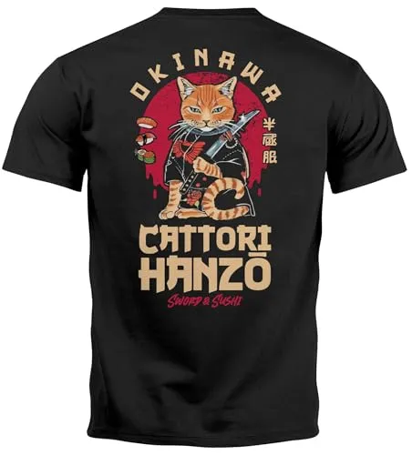 Neverless® Herren T-Shirt Rückendruck Brustlogo Cattori Hanzo Japan Style Sushi Katze Backprint Fashion Streetstyle schwarz 4XL