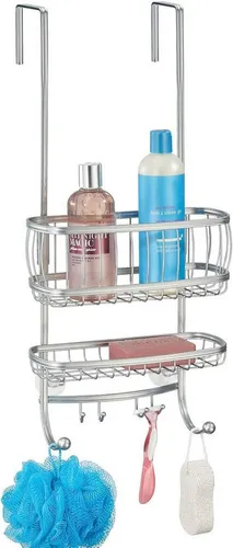 mDesign Badaccessoire-Set Duschablage Tür 2 Körbe silber mit Saugnäpfen 4 Haken Duschregal Bad
