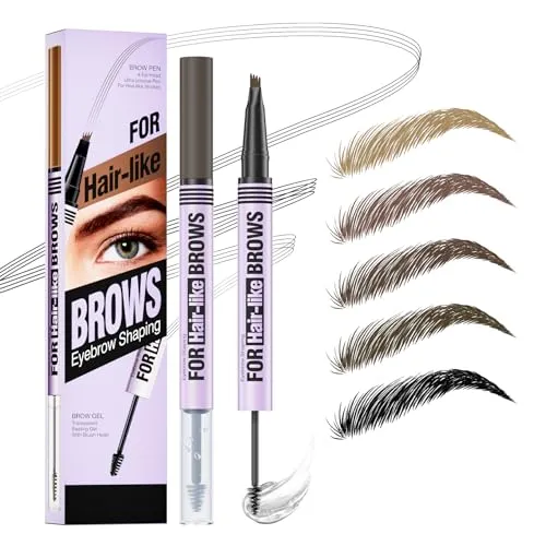 Microblading Augenbrauenstift Wasserfest, Augenbrauenfarbe mit Gel & 4 Mikrogabelspitzen, 2-in-1 Augenbrauenstift Härchenzeichnung, Eyebrow Pencil Wischfest, Langanhaltend, NatüRlicher (Braun)