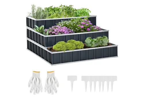 furnicato Hochbeet 3-stufiges Metall-Gartenbeet 118x118x62 cm Dunkelgrau - Ideal für kleine Gärten: Mit dem 3-stufigen Metall-Gartenbeet kannst du Blumen und Gemüse platzsparend anpflanzen. Robust und langlebig, verwandelt es sich in 3 separate Beete für maximale Flexibilität. Inklusive Gartenhandschuhe.