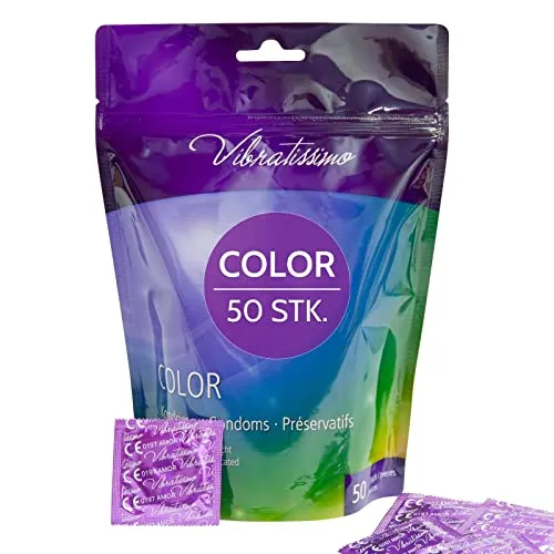 VIBRATISSIMO Color Kondome 50er Pack | Gefühlsecht & Extra Feucht | Bunte Verhütung Für Männer | Pack in Rot, Schwarz, Grün, Gelb, Gold