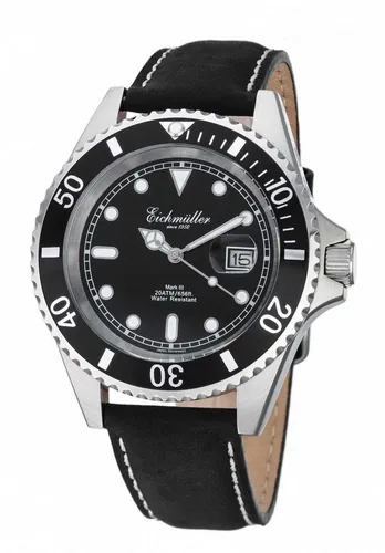 Eichmüller Taucher Herrenuhr Schwarz mit Lupe - Armbanduhren für Herren, 20 ATM wasserdicht mit Datumsanzeige und Drehlünette – ideal für Abenteuer und den Alltag.