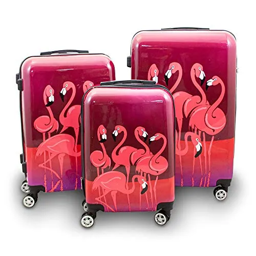 Berwin Design Reisetrolley Set 3tlg Hartschalenkoffer Flamingo - Reisekoffersets mit stylischem Flamingo-Design, 4 Rollen für müheloses Manövrieren und integriertes Schloss für zusätzlichen Schutz.