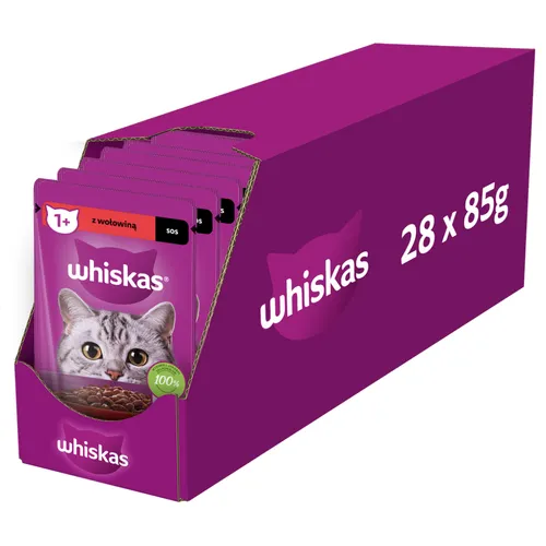 Whiskas Adult Nassfutter Rind in Sauce Megapack 28x85g - Katzenfutter für Erwachsene, reich an Rind und angereichert mit Taurin und Vitamin C für eine gesunde Ernährung.