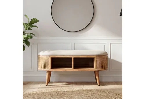 FineBuy gepolsterte Sitzbank 90 cm – Retro Schuhbank mit Wiener Geflecht - Elegante Sitzbank aus Akazienholz mit Wiener Geflecht und gepolsterter Oberfläche. Praktische Staufächer für Ordnung im Flur oder Schlafzimmer. Ideal für zusätzlichen Sitzkomfort in jedem Raum.