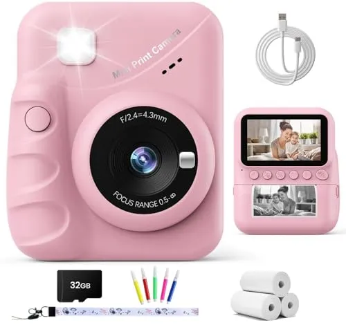 TIATUA Kinderkamera Sofortbildkamera, 48MP, 3 Zoll Bildschirm, Rosa