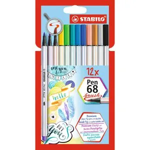 STABILO Pen 68 brush - 12 Brush-Pens in lebendigen Farben, ideal für Kalligrafie und kreative Kunstprojekte, auswaschbare Tinte und Made in Germany