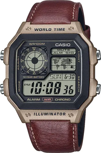 Casio AE-1200WHL-5AVEF Herrenuhr Digital mit Lederband - Digitaluhr für Männer mit präzisem Quarzwerk, Weltzeit-Funktion und wasserdicht bis 10 bar – ideal für den aktiven Lifestyle.