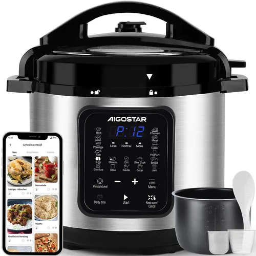 Aigostar - Reiskocher 6L Schnellkochtopf , 1000W Pressure Cooker, 18-in-1 Multikoche, 24h Timer & Warmhalte, Antihaftbeschichtung