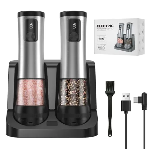 Elektrisches Salz und Pfeffermühlen, 2 Teiliges Set Automatischer Pfeffermühle,mit Wiederaufladbarer Basis, 5 Einstellbaren, Display, LED,Küche Geschenk (2, Edelstahl, USB Wiederaufladbarer Basis)