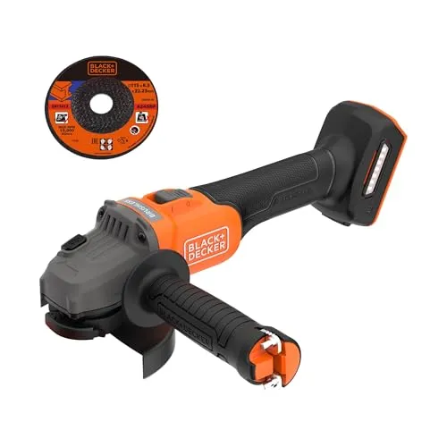 BLACK+DECKER Akku-Winkelschleifer 18V - Leistungsstarker Akku-Winkelschleifer mit bürstenlosem Motor für längere Laufzeit. Ideal für Trenn-, Schleif- und Schrupparbeiten, ausgestattet mit Sanftanlauf und Zusatzhandgriff für sicheres Arbeiten.