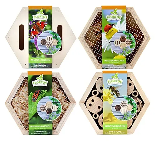 FLORTUS Insektenhotel Set | Bienenhotel Schmetterlingshaus und Marienkäferhaus | Insektenhotels kombinierbar für Garten, Balkon und Terrasse