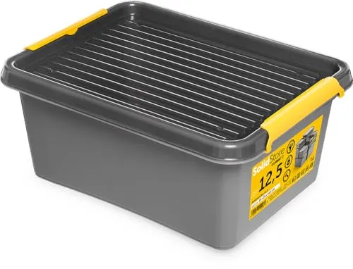 KONZEPT Aufbewahrungsbox mit Deckel 12 L – inkl. beschriftbaren Etiketten, aus hochwertigem Kunststoff, stapelbar und stabilen Verschlussclips, ideal für Keller, Werkstatt, Garage