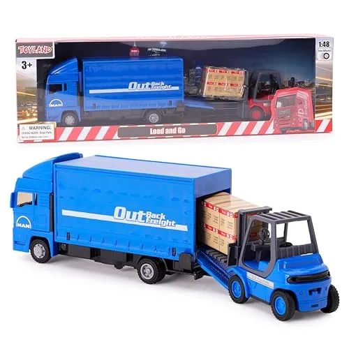 Toyland® Metal Load and Go Fahrzeugset - Scania Güterwagen mit Gabelstapler und Palette - Transportfahrzeugspielzeug - Jungenspielzeug (Blau)