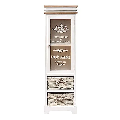 Rebecca Mobili weiße Glasvitrine mit Weidenkörben - Glasvitrine im Shabby-Stil, ideal für Wohnzimmer oder Eingangsbereich, aus stabilem Paulownienholz gefertigt und bietet viel Stauraum.