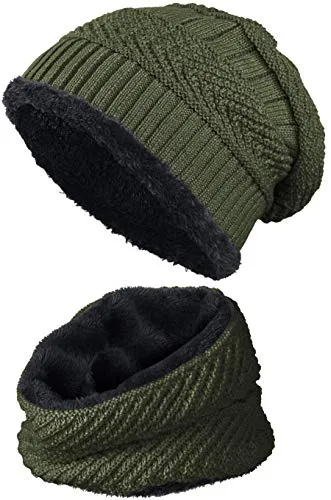 Balinco warm gefütterte Beanie + Schal mit Teddy-Fleece Fütterung mit Flechtmuster Wintermütze Einheitsgröße für Damen & Herren Mütze (4A) (Olivgrün/Schwarz)