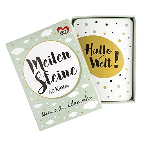 Ideen mit Herz Meilensteinkarten Baby | 40 Stück | 10,5 cm x 14,8 | Ereigniskarten | Für Mädchen & Jungen | Modernes Design | inkl. Geschenkbox (mint-blau)