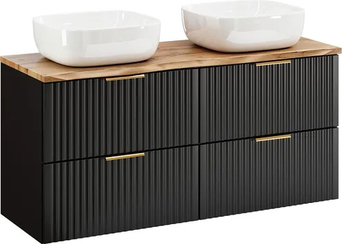 Lomadox Waschtisch ADELAIDE-56-BLACK, 120 cm in Schwarz mit Eiche - Eleganter Doppelwaschtisch mit 120 cm Breite, gerillte Front und 4 Schubladen. Ideal für modernes Badezimmer-Design, kombiniert mit praktischen Softclose-Systemen für höchsten Komfort.