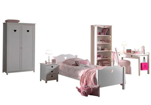 aufm Kessel Jugendzimmer-Set Kamila 11 – Möbelset für Mädchen - Komplettes Kinderzimmer Set aus hochwertigem MDF in Weiß, inkl. Einzelbett, Nachtkonsole, Schreibtisch, Regal und Kleiderschrank. Herzförmige Ausschnitte als besonderes Design-Element. Einfache Selbstmontage mit Aufbauanleitung.