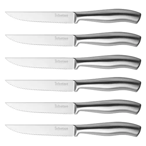 isheTao Steakmesser-Set, 6-teilig, Extra Scharfe Klinge, Wellenschliff, spülmaschinengeeignet, 12 cm, Rostfreier Stahl, Silber