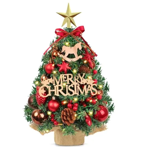 AFXXE Mini Weihnachtsbaum, 45cm Weihnachtsbaum Klein Mit Beleuchtung, Plastik Kleiner Weihnachtsbaum Künstlich Geschmückt Set, Künstlicher Tannenbaum Mit Led Deko für Tisch Weihnachtsdeko