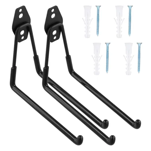 QINGZY 2 Stück Robuste Garagenhaken, Wandhaken Garage Haken Rutschfest, Robuste Aufbewahrungshaken, Doppelhaken, Wandmontage-Stahlhaken für Leiter Fahrrad Geräte Garten (L)