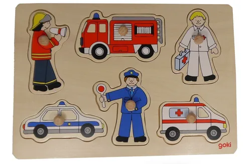 goki Holz Steckpuzzle Polizei Feuerwehr Krankenwagen 8tlg. - Spaß für kleine Entdecker - Puzzles, 8-teiliges Holzpuzzle mit extra großen Teilen, fördert die Feinmotorik und das logische Denken der Kinder.
