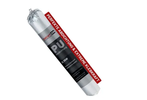 DICHTON Dichtstoff D.35W PU Abdichtung Fugendichtmasse, kunstharzgebunden, gebrauchsfertig, (elastische 1K Polyurethan Fugenabdichtung, Haftung auf Beton, Fliesen, Alu, Stahl, Glas, Kunststoff ©, 1-tlg., PU Abdichtung & Klebstoff), Dichtstoff in grau UV-stabil & lösemittelfrei