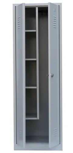 Steelboxx Mehrzweckschrank - 2 Abteile, komplett montiert - Hochschrank für Putzutensilien, ideal für Betriebe und Schulen. Langlebige Stahlkonstruktion mit verschweißten Fachböden und Garderobenstange für optimale Aufbewahrung.