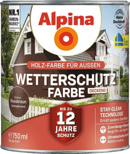 Alpina Wetterschutzfarbe Holzfarbe Nussbraun 750ml - Innen- & Außenfarbe für Holz mit seidenmattem Glanz, idealer Wetterschutz für langlebige Ergebnisse im Außenbereich.