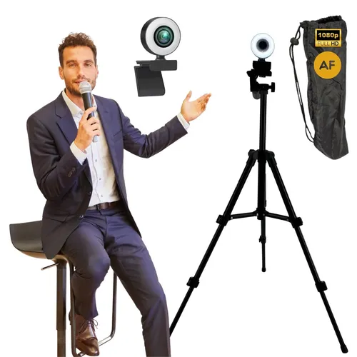Autofokus Webcam mit Ringlicht & Stativ Full HD 1080p - Erleben Sie klare Videoanrufe mit der Autofokus Webcam. Inklusive Ringlicht und Stativ für optimale Beleuchtung und Stabilität. Ideal für Homeoffice und Streaming!