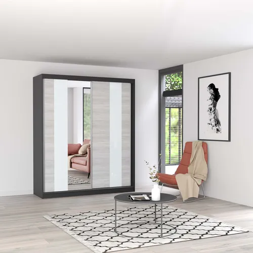 Schwebetürenschrank Multi 32, 183 cm Schwarz mit Spiegel - Schwebetürenschrank mit eleganter Spiegelfront und Lacobel-Glaseinsätzen, ideal für Ordnung und Stil im Schlafzimmer. Maße: 183 cm Breite, 218 cm Höhe.