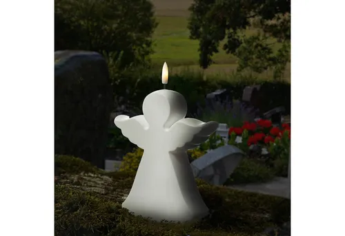 MARELIDA LED-Kerze Engel Gartenfigur Grabdeko 3D Flamme 18cm Timer Batterie f. Außen weiß