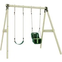 OutdoorToys Schaukelkombination Lilie - Dunkelgrün - Doppelschaukeln aus hochwertiger Nordischer Fichte, ideal für Kinder ab 3 Jahren. Sicherer Spaß im Garten mit Warnhinweis für Aufsichtspflicht.