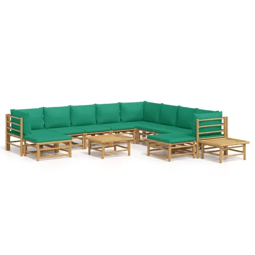 vidaXL 12-tlg. Garten-Lounge-Set mit Grünen Kissen aus Bambus - Elegantes Garten-Lounge-Set aus langlebigem Bambus, ideal für entspannte Stunden im Freien mit bequem gepolsterten Kissen und praktischem Tisch.