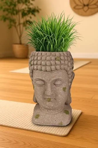 Arnusa Blumentopf Buddha Kopf Pflanztopf Groß Büste Kunststein 32 cm Gartenfigur Gartendeko