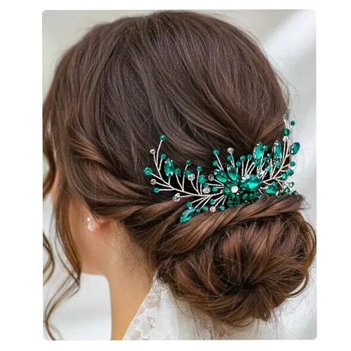 Flayem Haarkamm Braut Hochzeit Grün Kristall Seitenkamm Blume Haarschmuck